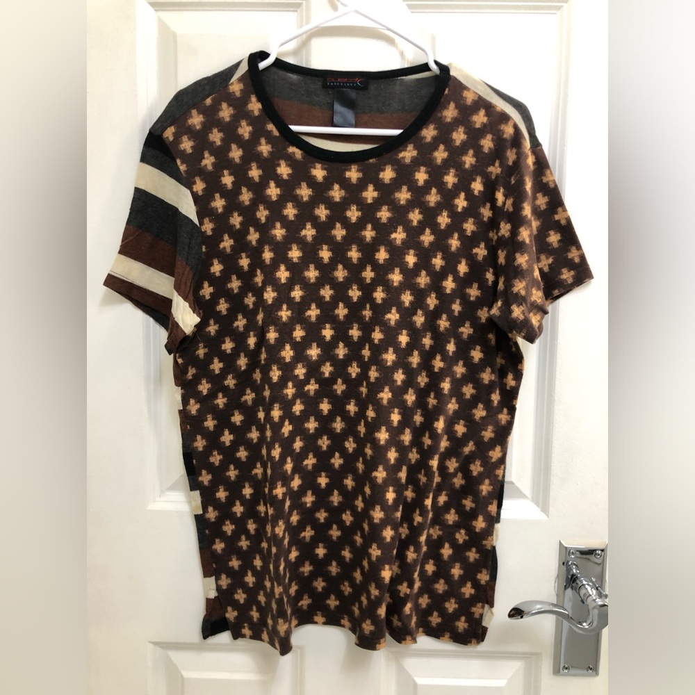 Custo Barcelona color/print block tee Brown Beige Grey, sz.M Striped, Vintage